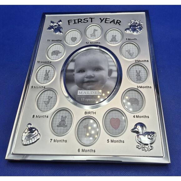 Malden BABY FIRST YEAR Photo Frame Silvertone 13 Openings 10x7.5" NEVER USED - Picture 7 of 8